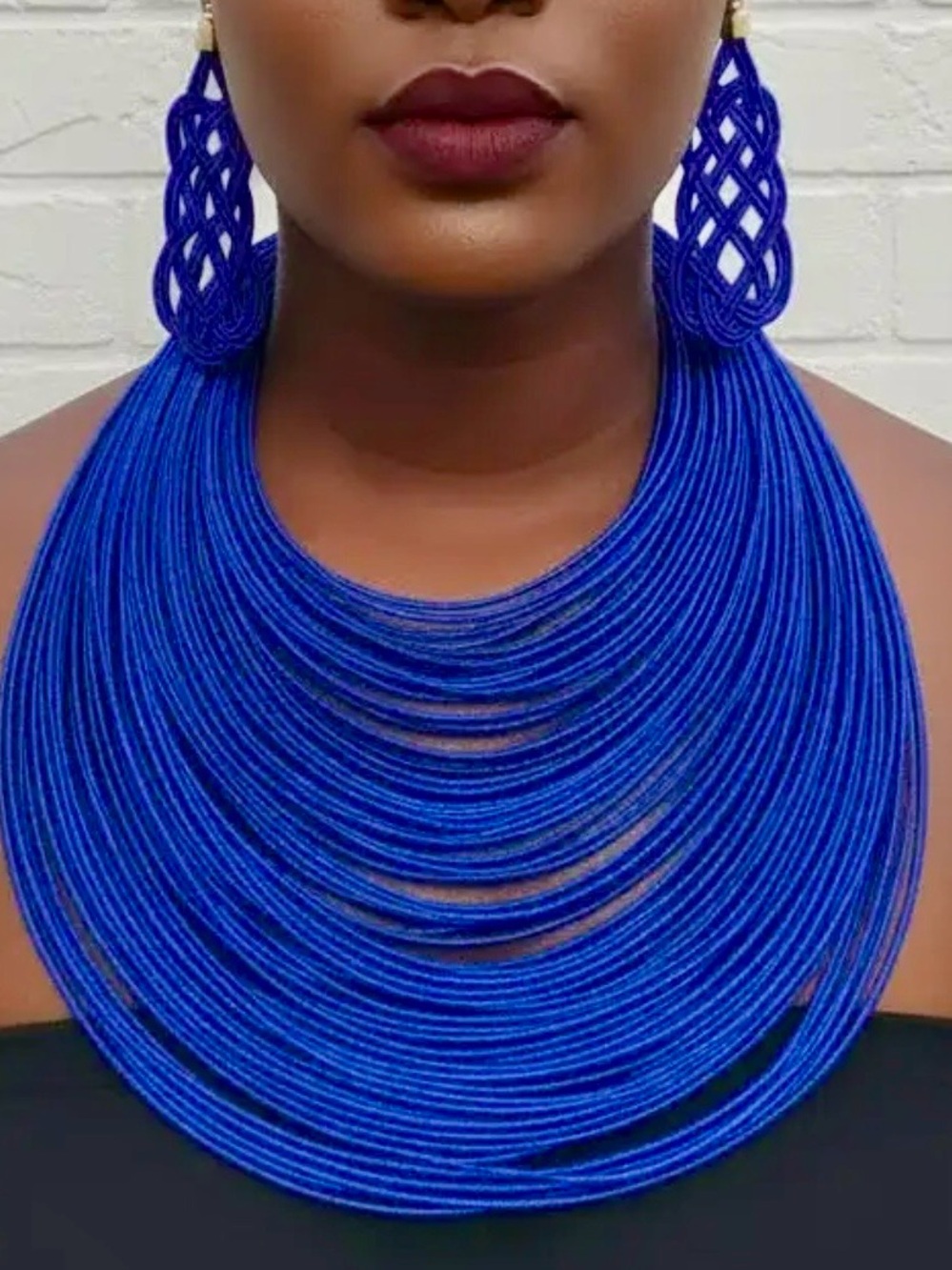 Bold Royal Blue Multi-Strand Beaded Necklace and Earrings Set